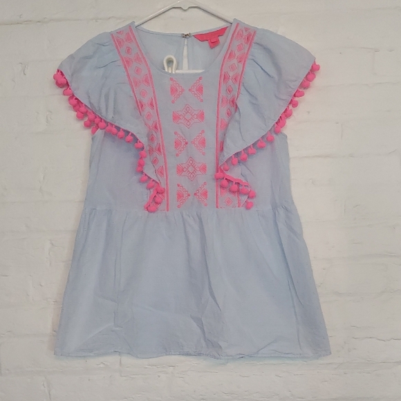 Lilly Pulitzer Blue and Pink Blouse with Pom-Pom Trim - Picture 1 of 3